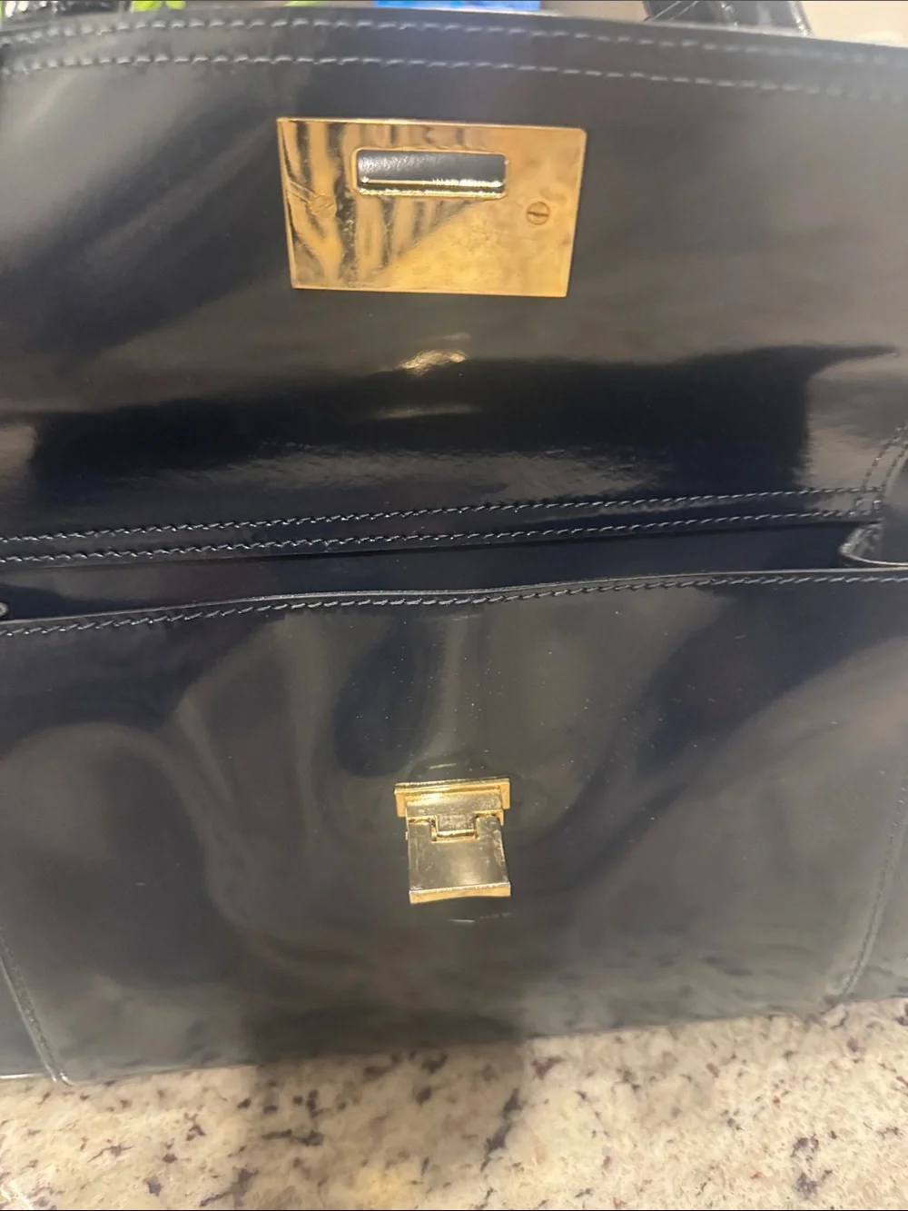 Italian Navy Blue Patent Leather Satchel Handbag with Gold Hardware